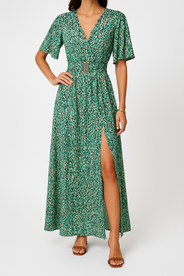 Women’s Side Slit Flowy Fit Belted Waist Maxi Dress