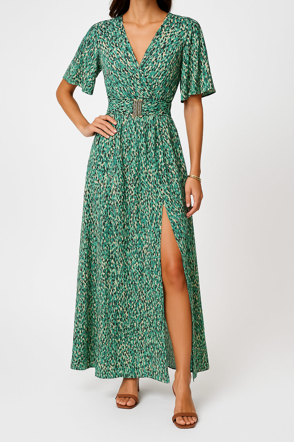 Women’s Side Slit Flowy Fit Belted Waist  Maxi Dress