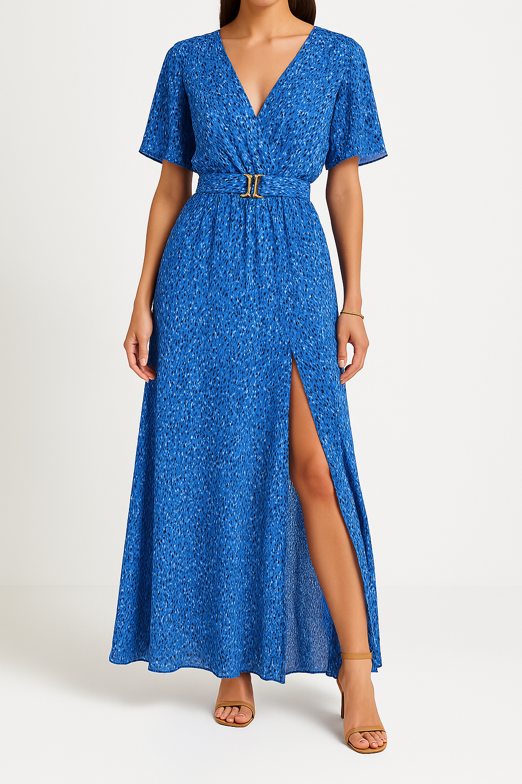 Women’s Side Slit Flowy Fit Belted Waist  Maxi Dress